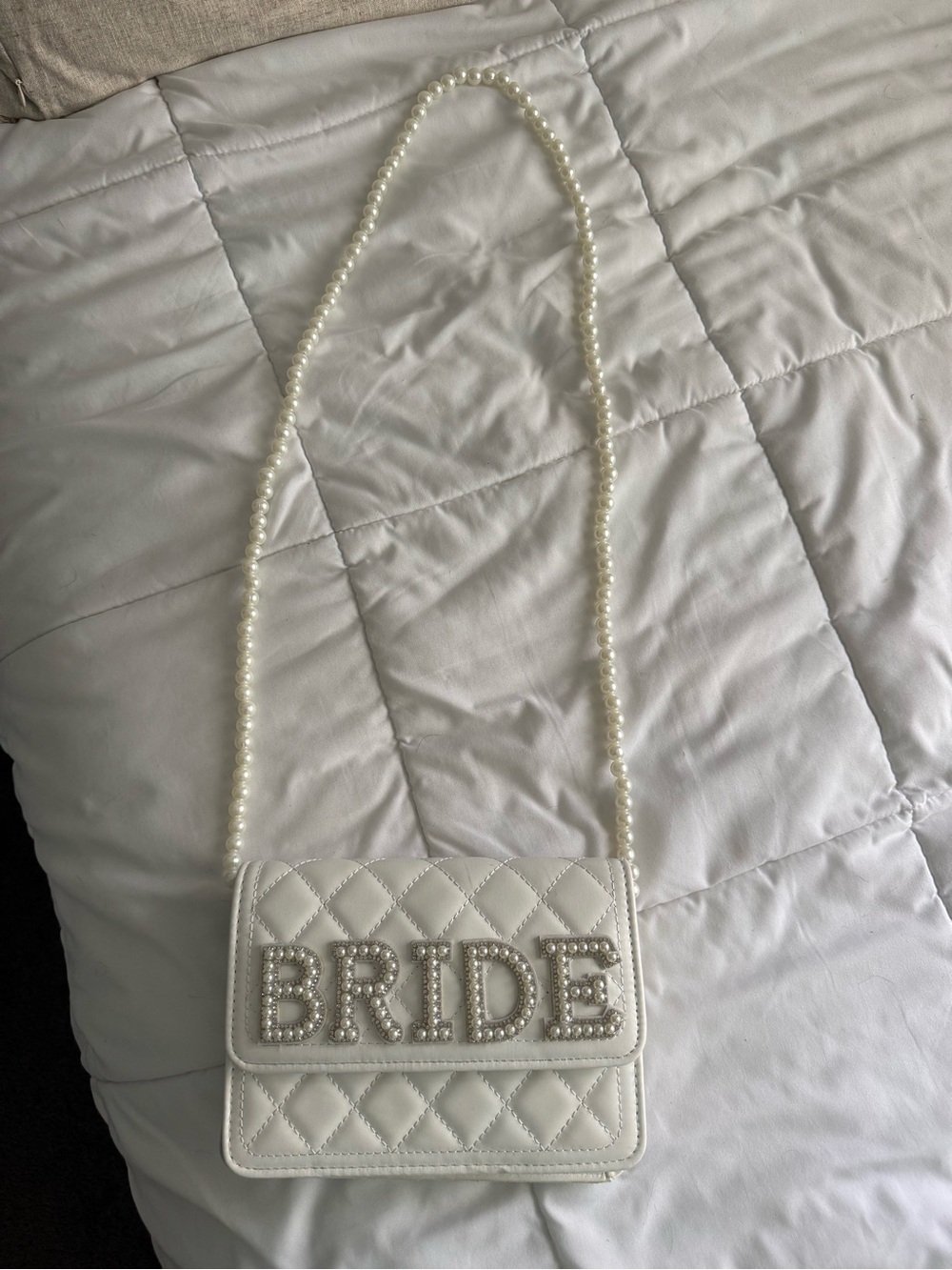 White Quilted 'BRIDE' Pearl-Strap Crossbody Bag